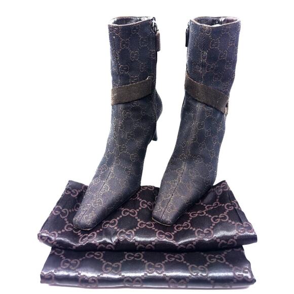 Gucci Boots GG Logo Monogram Supreme Chocolate Brown Leather Ankle Booties EU 37 - Picture 2 of 12